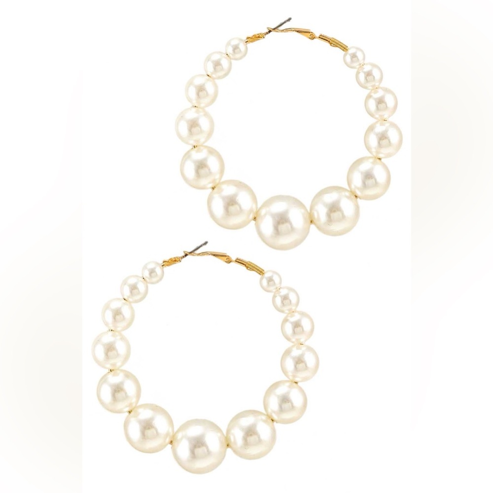 70mm Pearl Hoop Earrings – Oversized Gold‑Tone Statement Hoops